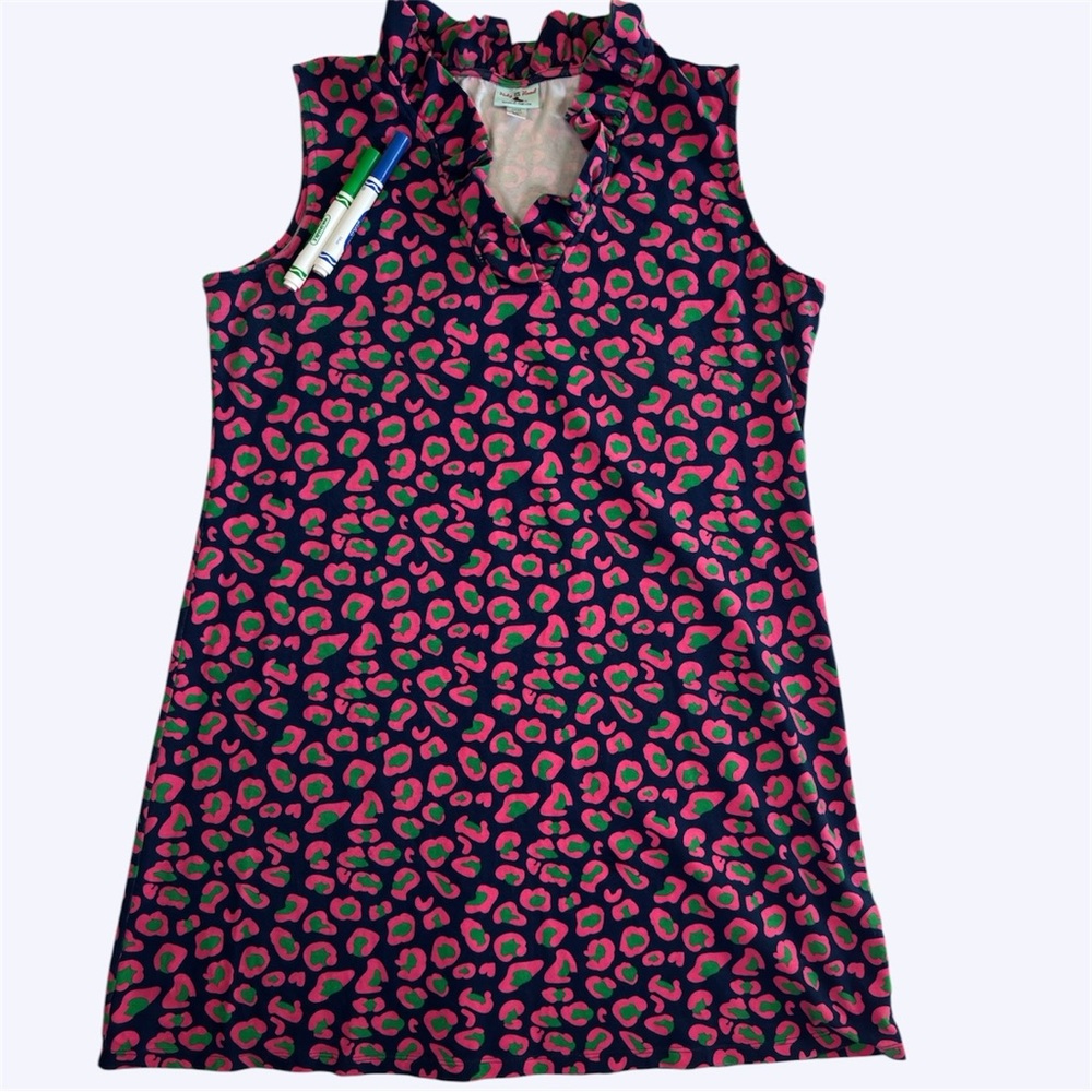 Haley & The Hound Sleeveless Ruffle Collar Abstract Print Blue Pink Dress Sz XL